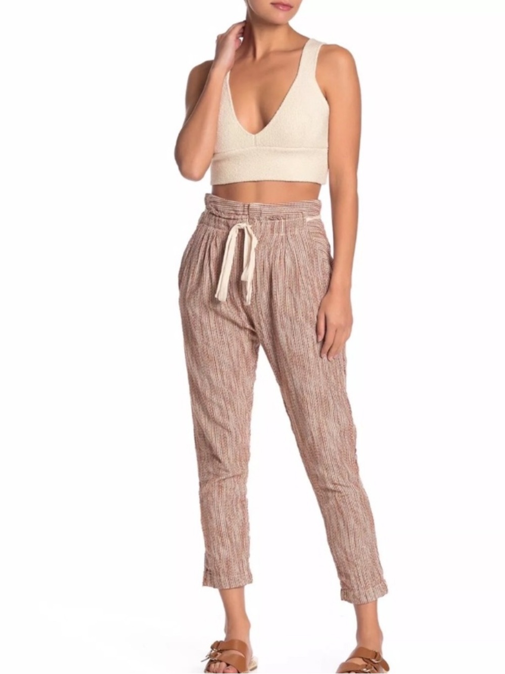 FREE PEOPLE Caraway Tapered Striped Cotton Pants Size 4 NWT Boho Coastal Casual